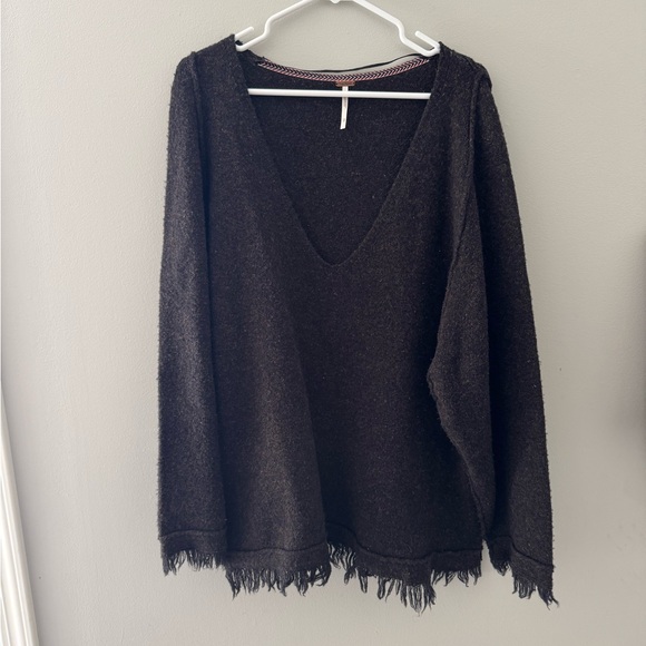Free People Brown Wool Fringe Boho Western V-Neck Sweater Size S Oversized - Picture 2 of 5